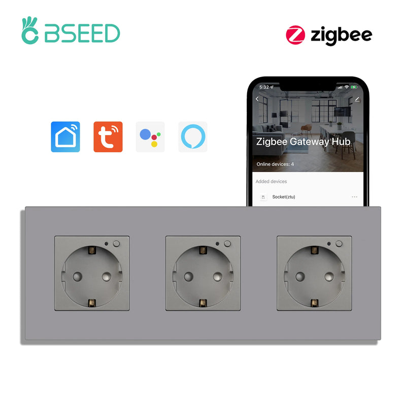 BSEED ZigBee Smart Socket Double Power Outlet Smart Wall Socket Plastic Frame Tuya Google Home Smart Life Control Blue Backlight