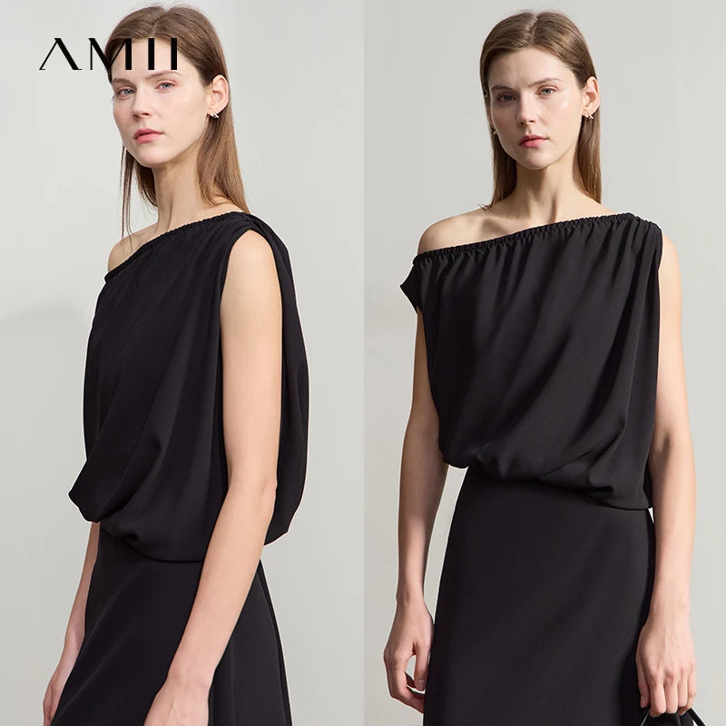 AMII Minimalism Women Long Dress 2026 Asymmetric Off Shoulder Sexy Luxury Designer Chiffon Black Dress Female Clothing 12542078
