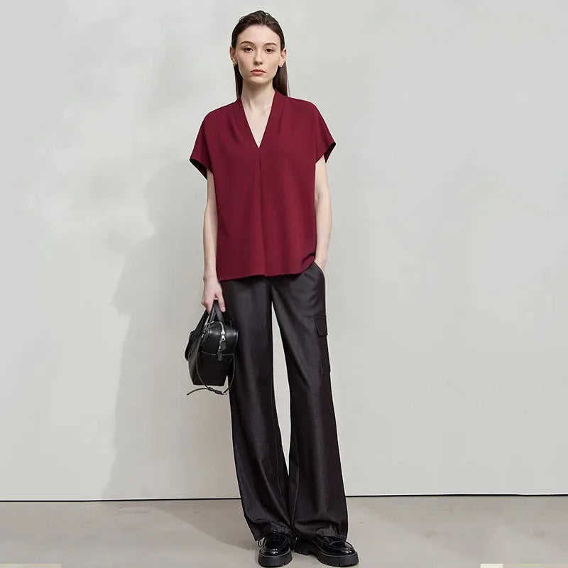 អាវយឺត AMII Minimalism រដូវក្តៅឆ្នាំ ២០២៦ សម្រាប់នារី រចនាបថបុរាណ ក V ដៃខ្លី អាវ និងអាវយឺតលាត 12312013