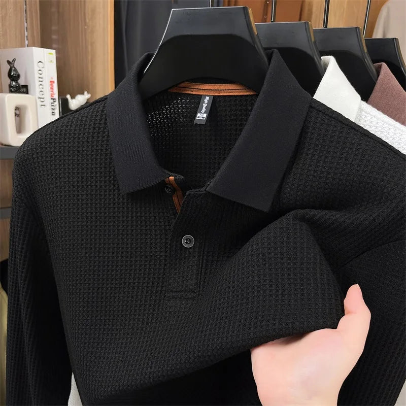 Men's Long Sleeve Waffle Knit Polo Shirt – Soft Cotton Blend, Slim Fit, Casual Business Top for Autumn Winter, Multi-Color