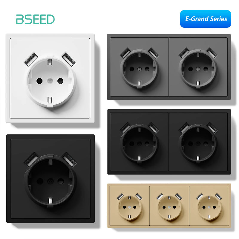 BSEED EU Standard Single Wall Socket Double USB Charge Port Wall Power Outlets Electric Plugs White Black Plastic Frame 16A