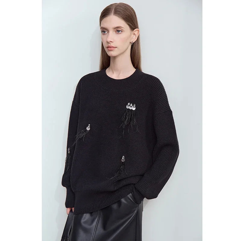 Amii Crew Neck Feather Bead Piece Nailed Diamond Sweater 2026 Winter Womens Clothing Loose Shoulder Sleeve Commuter Top 12444252