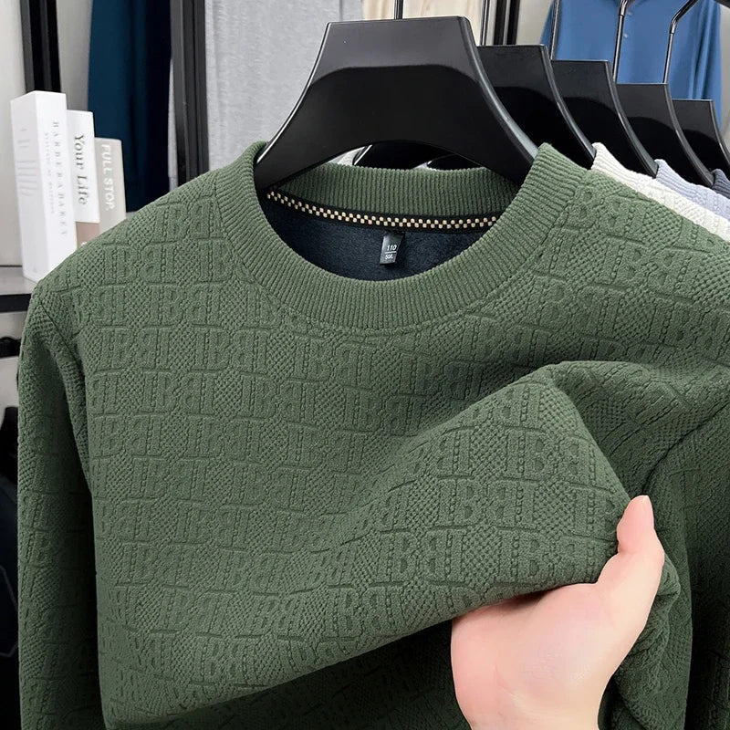 Mens Winter Long Sleeve Knit Top All Over Embossed Pattern Fleece Lined Round Collar Comfort Business Shirt