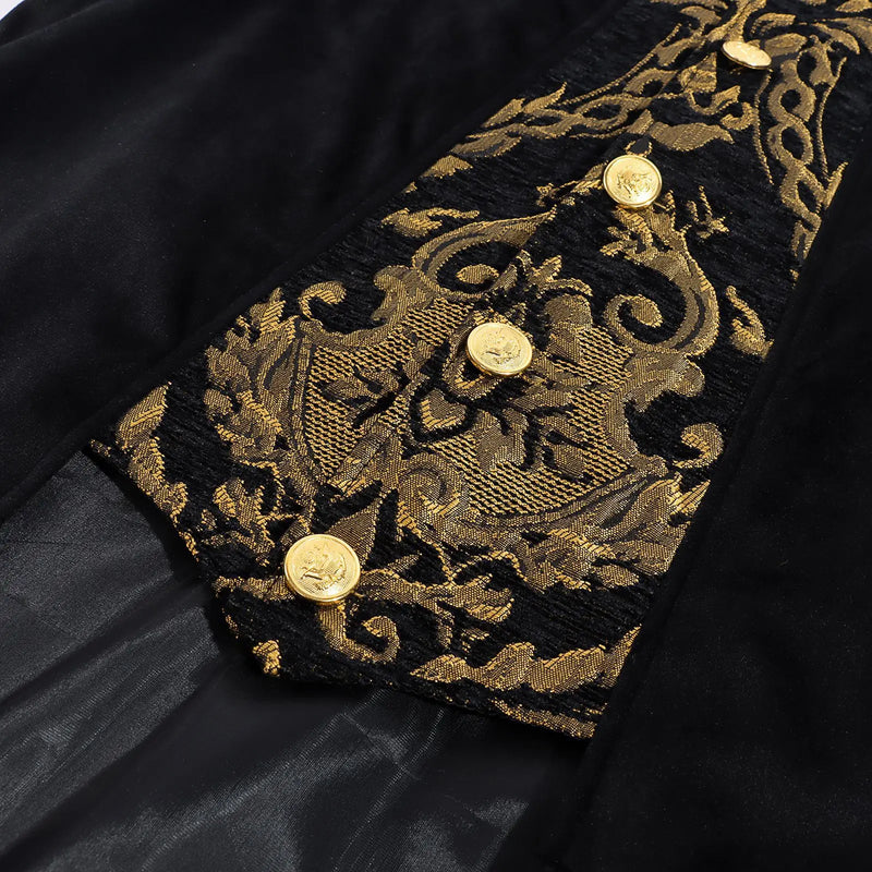 Steampunk-style Men's Black Long Jacket, Halloween-themed Red Trench Coat, with Gold Embroidery Accents.