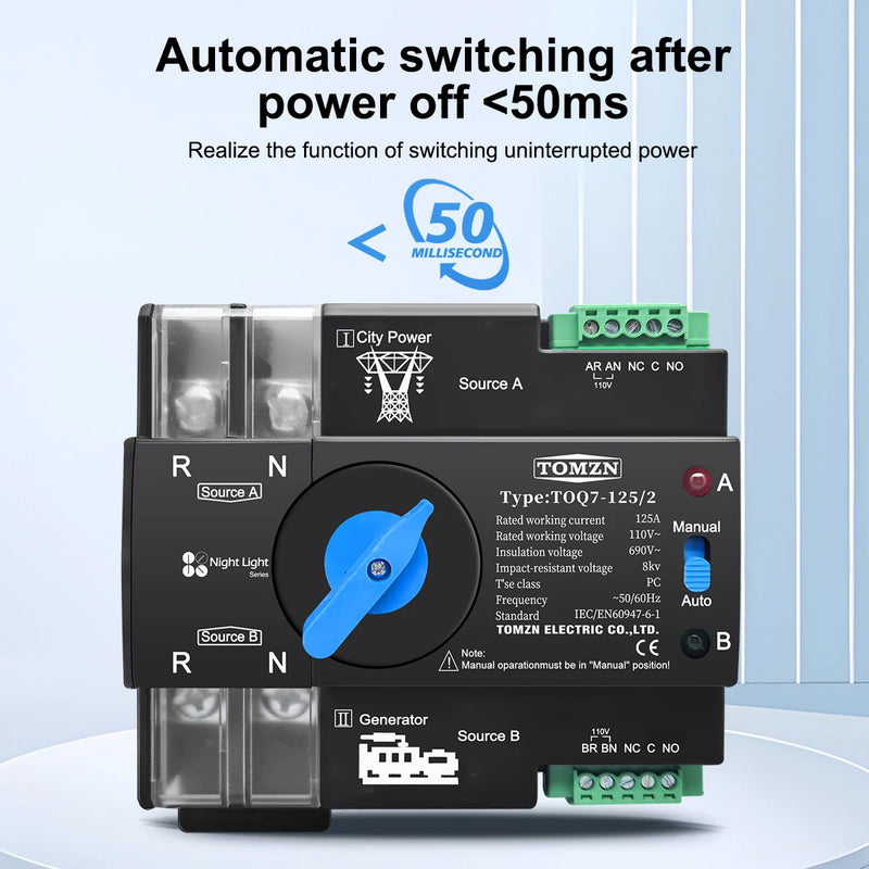 TOMZN Din Rail ATS 110V 120V Dual Power Automatic Transfer Electrical Selector Switch Uninterrupted 2P 63A 100A 125A