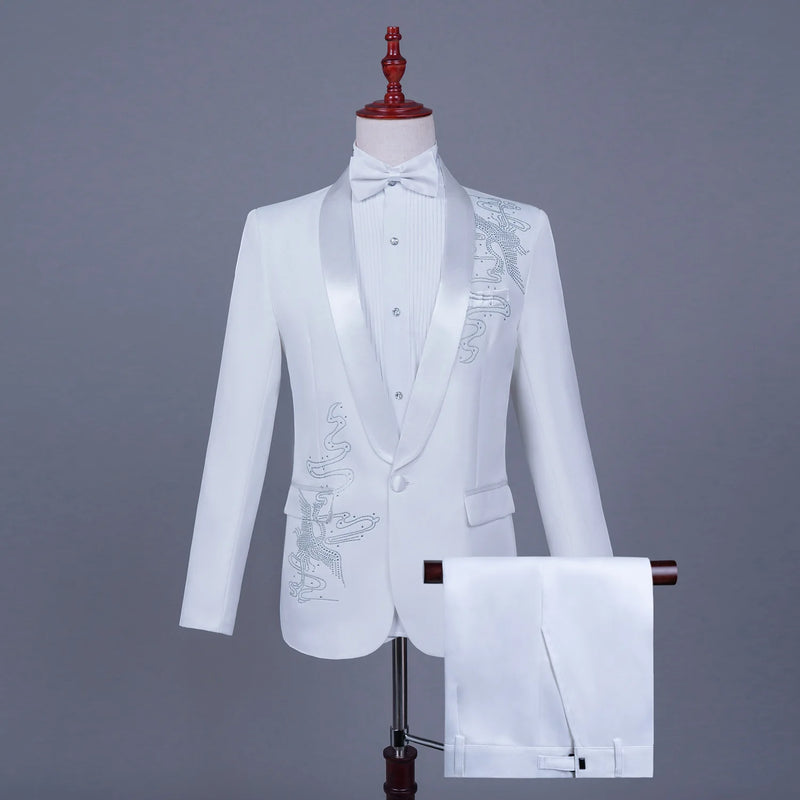 Men's Black Tuxedo Set with Diamond Embellished Jacket and Matching Trousers in White for Choirs/Stage Performances/Weddings