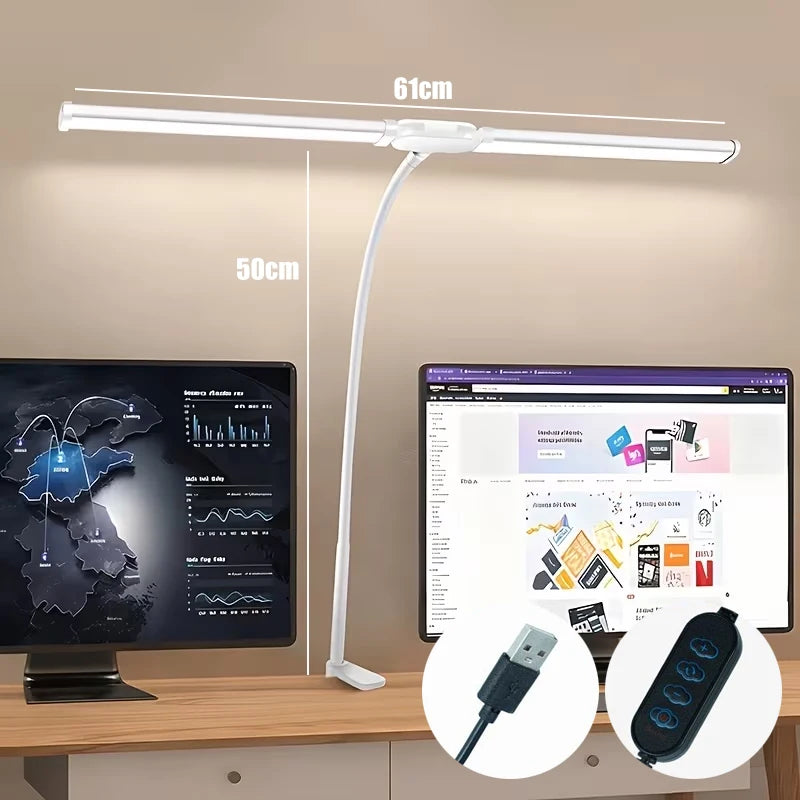 2-Head LED Desk Lamp Clip 5 Modes 10 Brightness Levels Adjustable Angle USB Suitable for Reading Learning Piano Monitor Office
