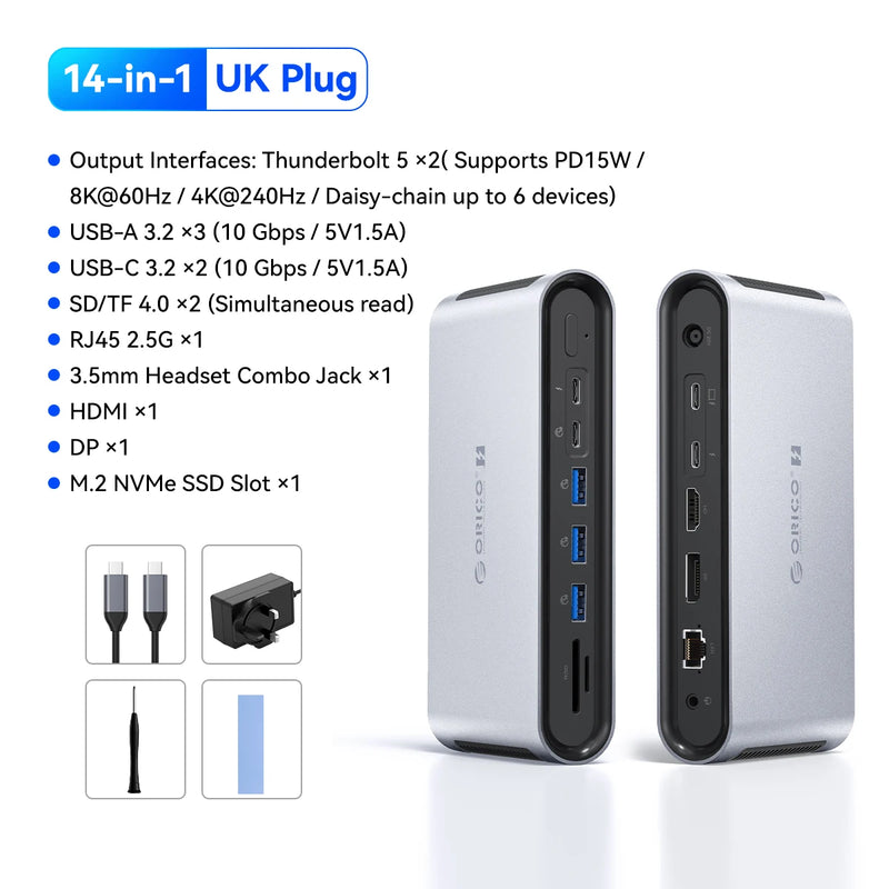ORICO Thunderbolt 5 120Gbps Docking Station M.2 NVMe SSD 8K HDMI-com DP 140W PD 2.5G Ethernet SD4.0 USB-A 10Gbps HUB for MacBook