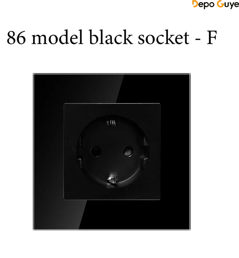 EU Standard 86x86mm Tempered Glass Wall Socket 16A Power Outlet with 5V 2A USB Type C or Dual USB for Home Hotel Office