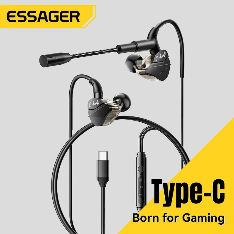 កាសស្តាប់ត្រចៀក Essager Game មានខ្សែ HIFI Bass ក្នុងត្រចៀក USB ប្រភេទ C 3.5mm ជាមួយខ្សែដែលគ្រប់គ្រងដោយមីក្រូហ្វូន កាសកាត់បន្ថយសំឡេងរំខាន