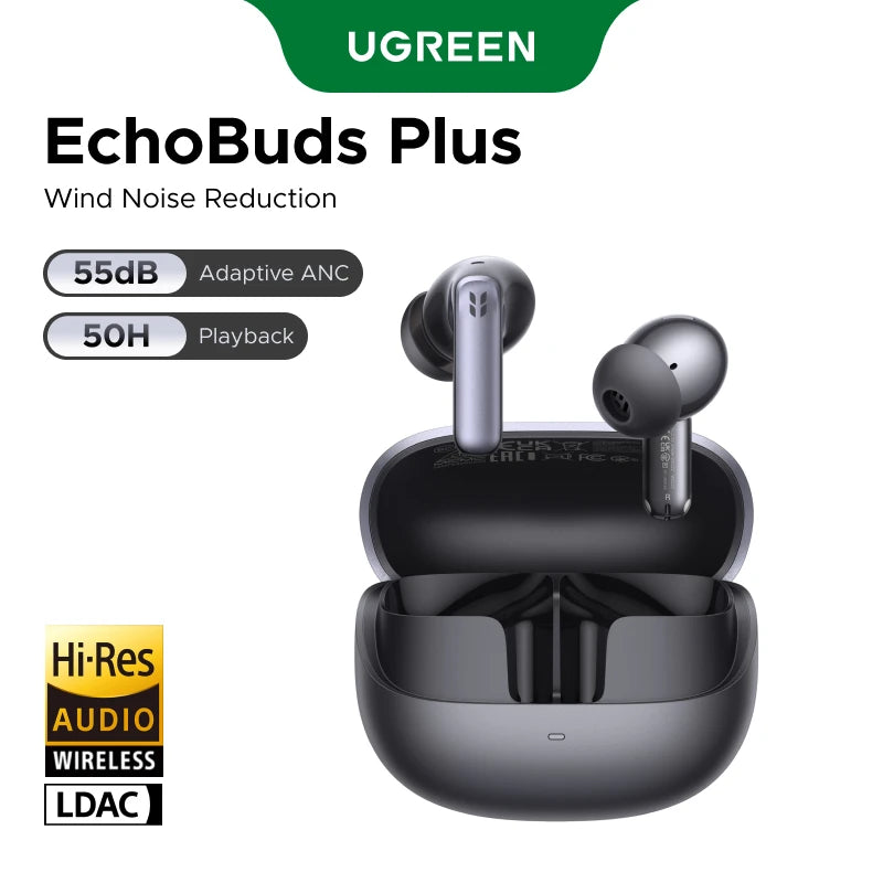 UGREEN EchoBuds Plus In-Ear Bluetooth Wireless Active Noise Cancelling Earphones 55dB Adaptive ANC, LDAC Headphones 50H Playtime