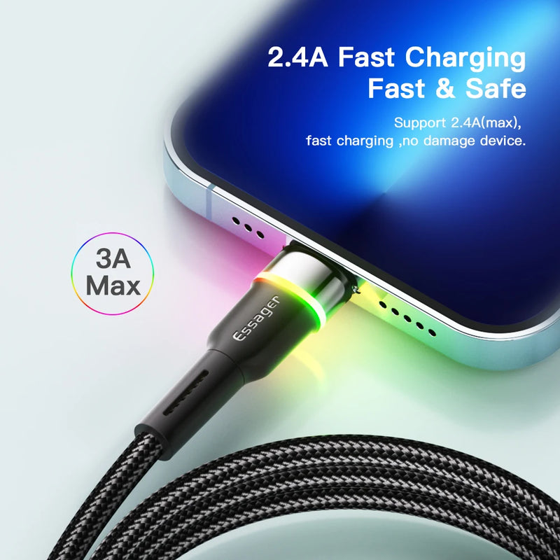ខ្សែសាក USB Essager LED សម្រាប់ iPhone 14 13 12 11 Pro XS Max X Xr ខ្សែសាកទិន្នន័យទូរសព្ទលឿនសម្រាប់ iPad