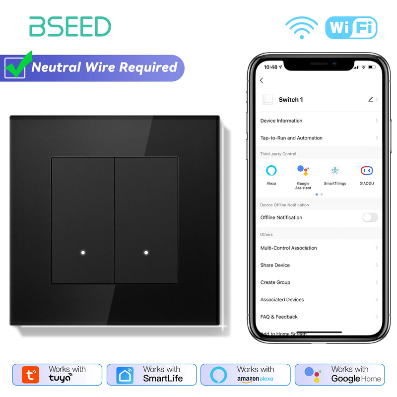 BSEED 1/2/3/4Gang 2Way Smart WIFI Light Switch Click Button Switch Support Tuya Smart Life Alexa Control Glass Panel Black Color