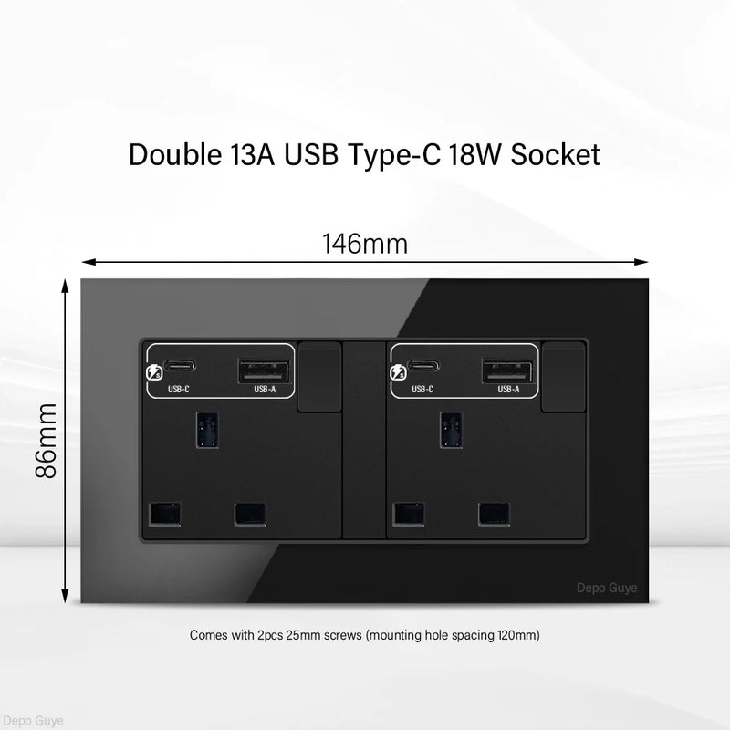 UK Black USB Type-C 18W Fast Charging Socket Universal Tempered Glass  Double 5-pin Power Plug,Home Electrical Wall Light Switch