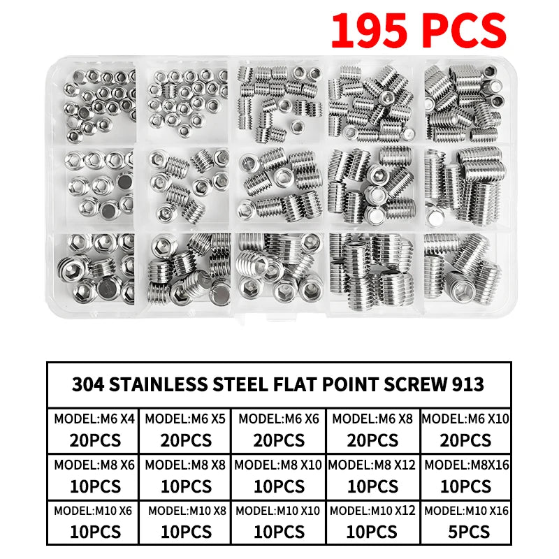 M3-M10 DIN913 Black Steel 304 Stainless Steel Hex Hexagon Socket Allen Flat Point Set Screw Grub Bolt Assortment Kit