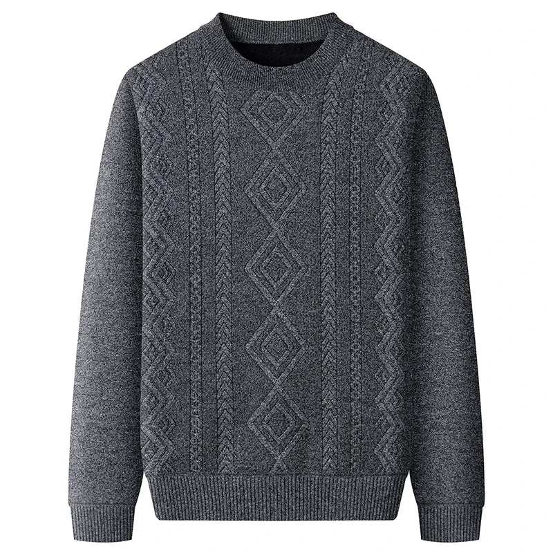 Thick Thermal Crew Neck Pullover Men Vertical Geometric Diamond Pattern Soft Fleece Lining Weekend Outing Knitwear