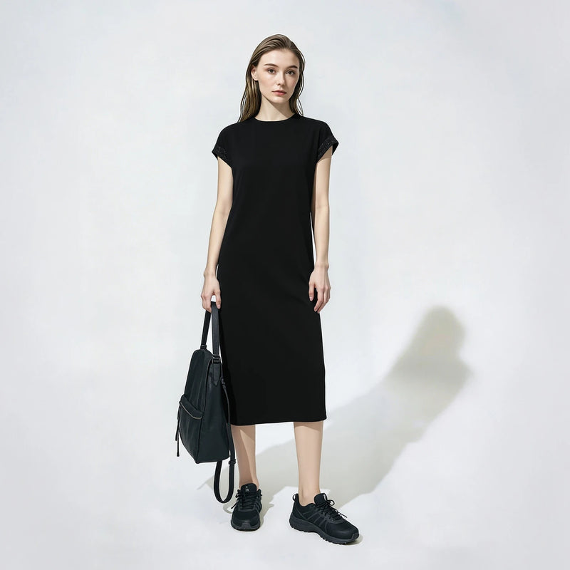 Amii Women's T-Shirt Dress 2026 Summer New Round Neck Lace Trim Back Slit Casual Air Layer Short Sleeve Midi Dress 12642128