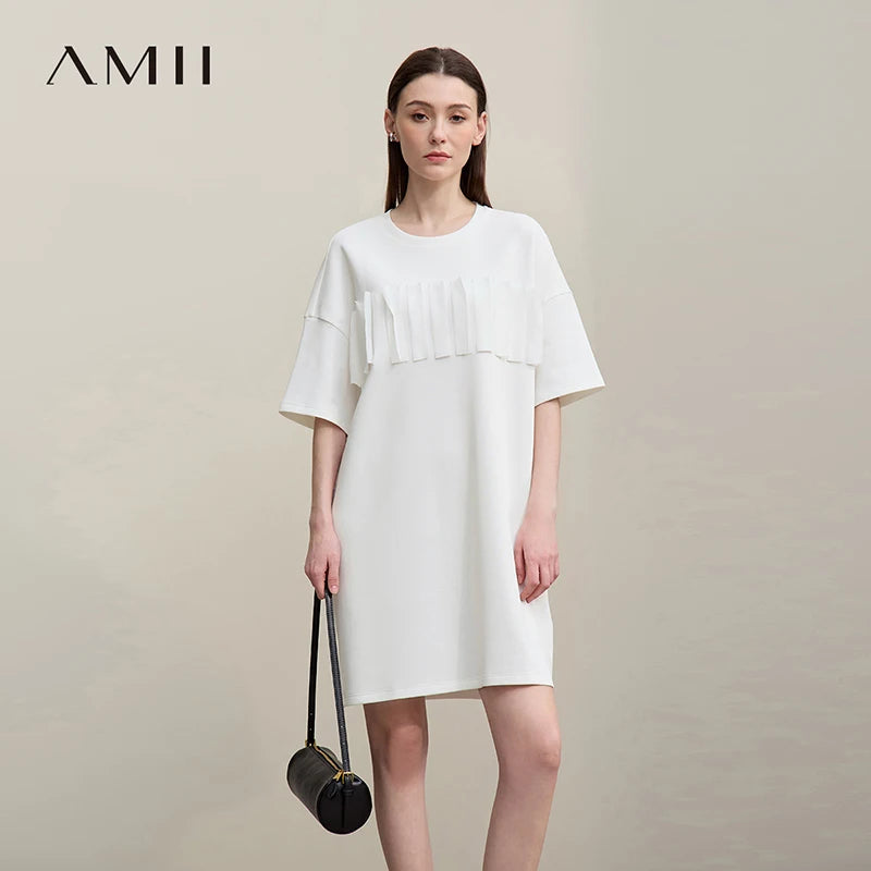 រ៉ូប Amii សម្រាប់នារី រដូវក្ដៅ ឆ្នាំ២០២៦ រ៉ូប O-Neck ថ្មី រចនាបថទម្លាក់ស្មា ពណ៌ប្លុក រ៉ូបមីឌី ធម្មតា រលុង សម្លៀកបំពាក់នារី 12622046