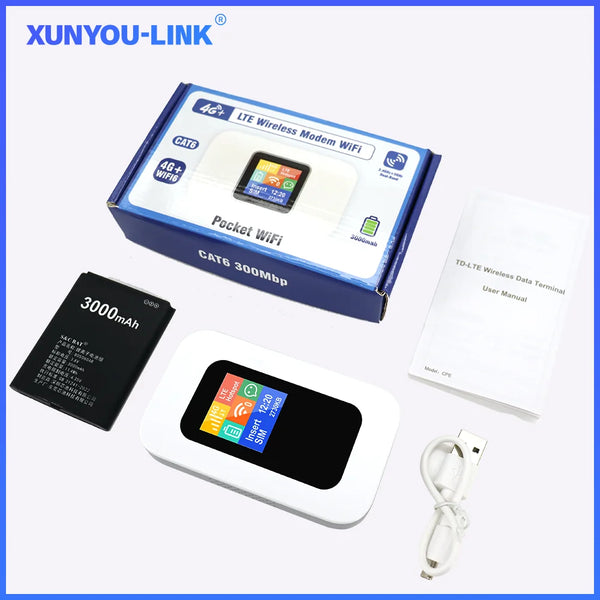 XUNYOU-LINK Cat 6 LTE Mobile WiFi Router 4G+ WIFI 6 ចំណុចក្តៅចល័ត ជាមួយថ្ម 3000mAh ម៉ូដឹមអ៊ីនធឺណិតល្បឿនលឿនសម្រាប់ហោប៉ៅ
