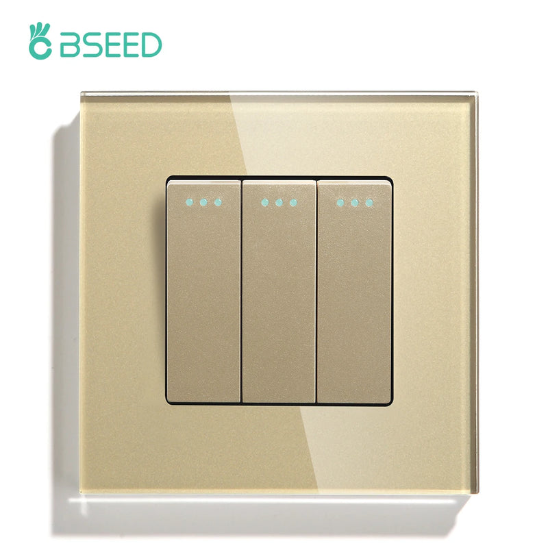 BSEED Mechanical Wall Light Switch Button 1/2/3Gang 1Way Crystal Glass Panel Power Switch On Off 250V White Black