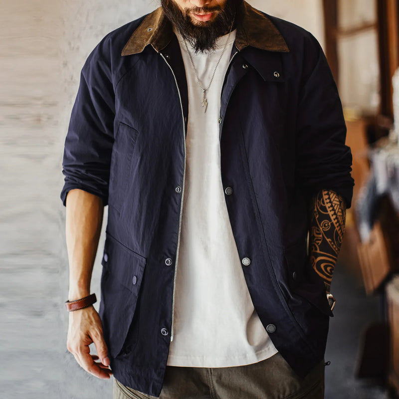 Maden Vintage Men's Blue Safari Jacket Waterproof Hunting Coat Loose Fit Windproof Contrast Collar Windbreak  for Spring Fall