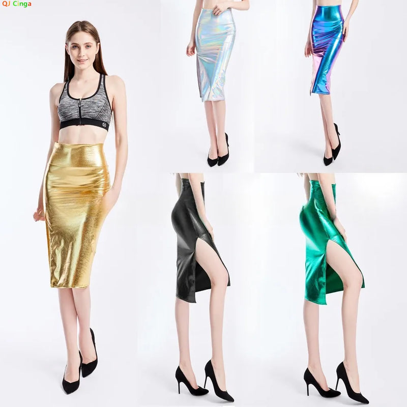 Gold Women's Shiny Knee-length Skirt, Asian Sizes, Available in Blue, Silver, and Black.