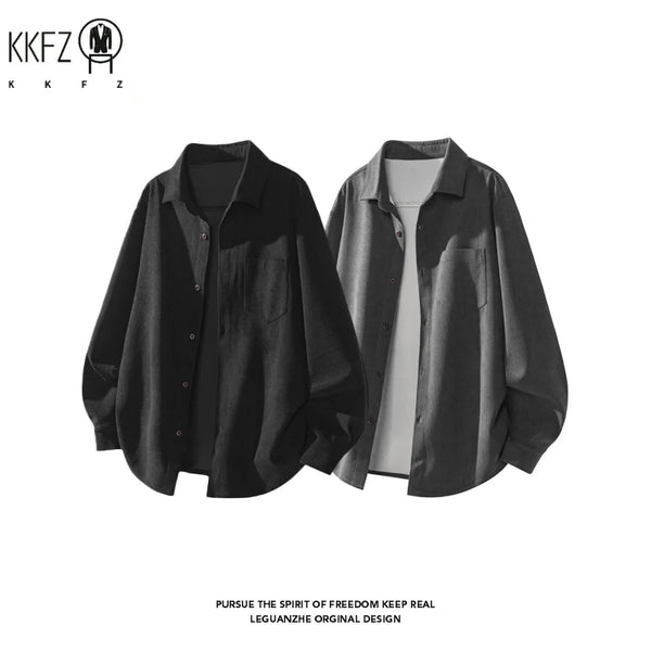 Men Minimalist Oversized Corduroy Top Lapel Collar Button Down Chest Pocket For Everyday Urban Casual Dressing