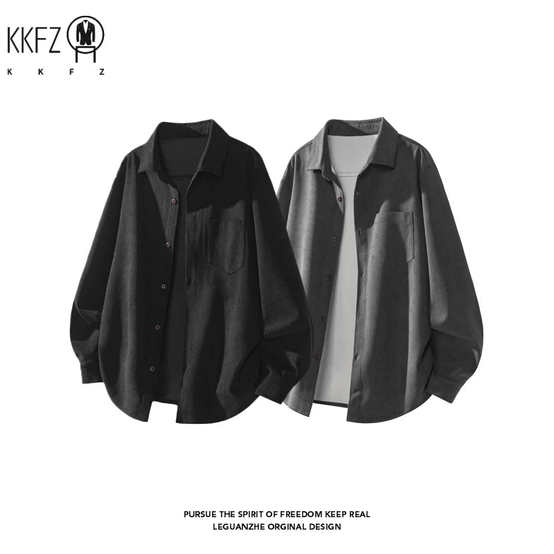 Men Minimalist Oversized Corduroy Top Lapel Collar Button Down Chest Pocket For Everyday Urban Casual Dressing