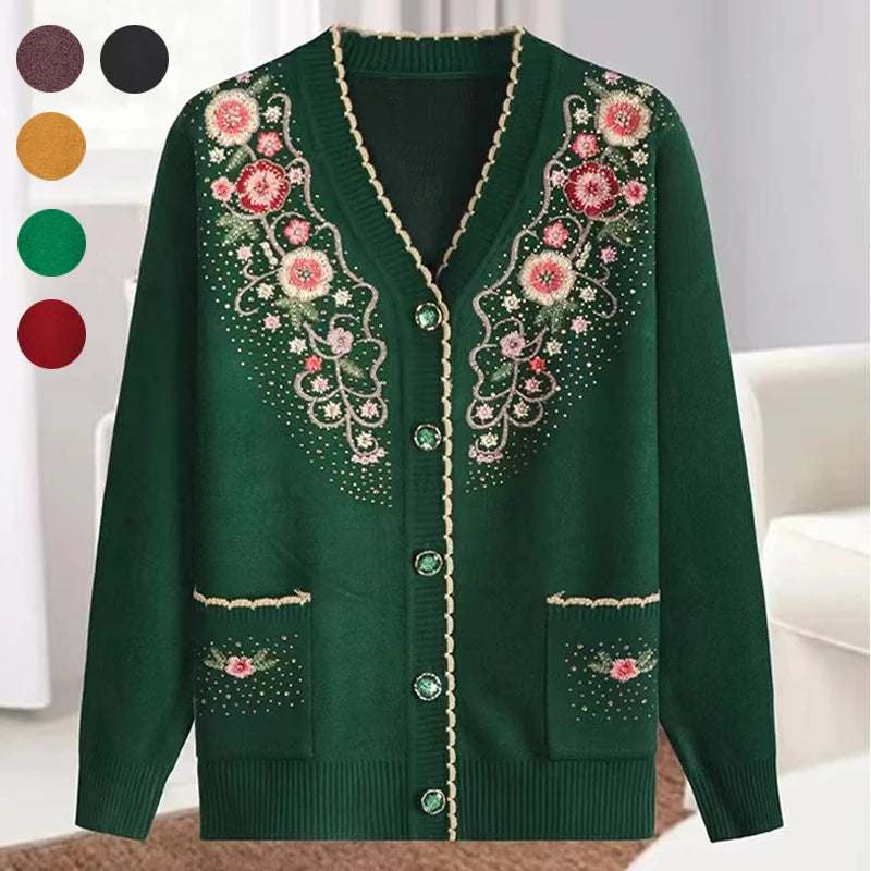 New Casual V-neck Long Sleeve Coat Female Knitted Wool Sweater Spring Autumn Middle-aged Elderly Women's Sweater Cardigan Jacket