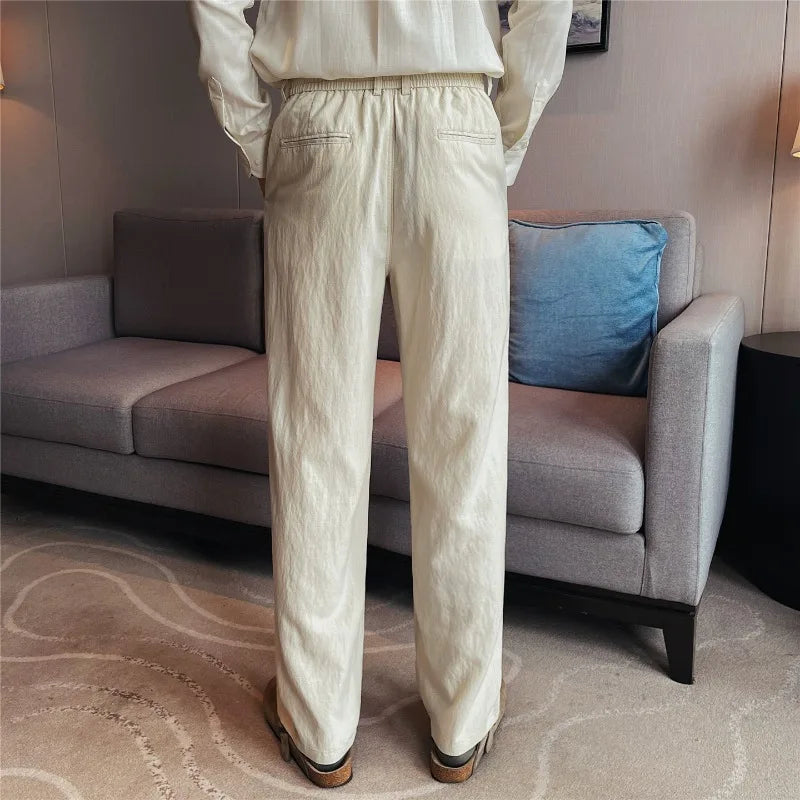 Men's Tencel Linen Blend Relaxed-Fit Straight Trousers – Breathable Summer Casual Pants with Elastic Waist & Cooling Texture