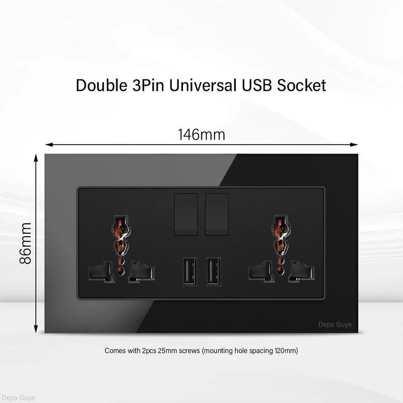 UK Black USB Type-C 18W Fast Charging Socket Universal Tempered Glass  Double 5-pin Power Plug,Home Electrical Wall Light Switch