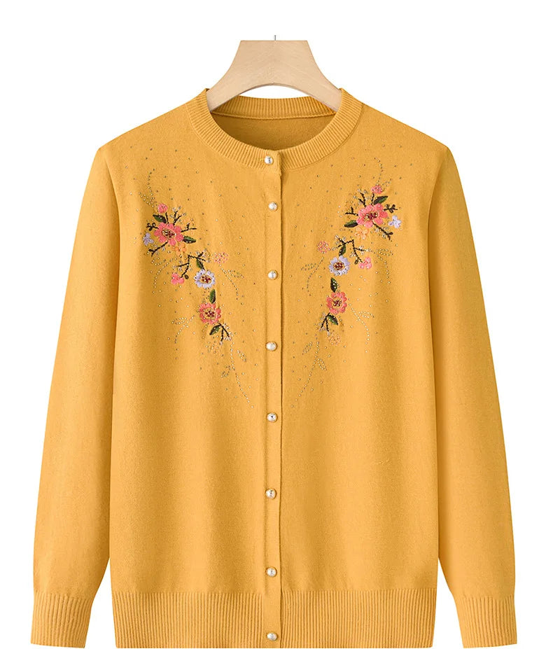 Middle-aged And Elderly Women's Embroidery Knit Cardigan Jacket Single-breasted Slim Sweater Coat Spring Autumn Grandma Clothing