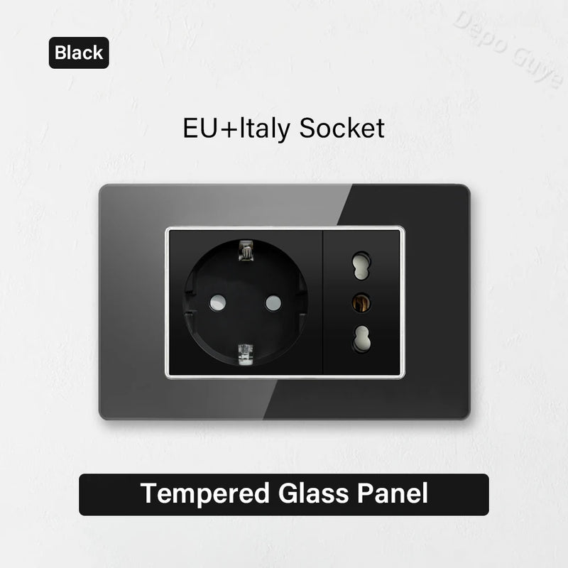 Type 118 Black Tempered Glass Panel EU Wall Light Switch,Europe Wall Socket With USB Type-c 18W Quick Charge Outlet 118*75mm