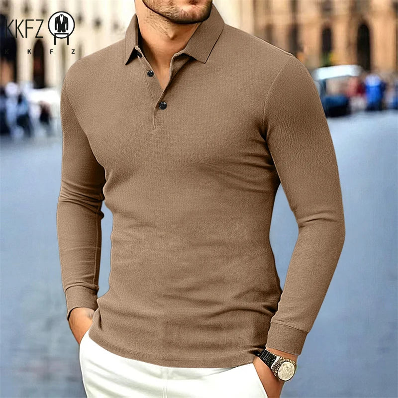 Men's Business Casual Long Sleeved Shirt Solid Color Fashionable Breathable Comfortable Versatile Polo Top