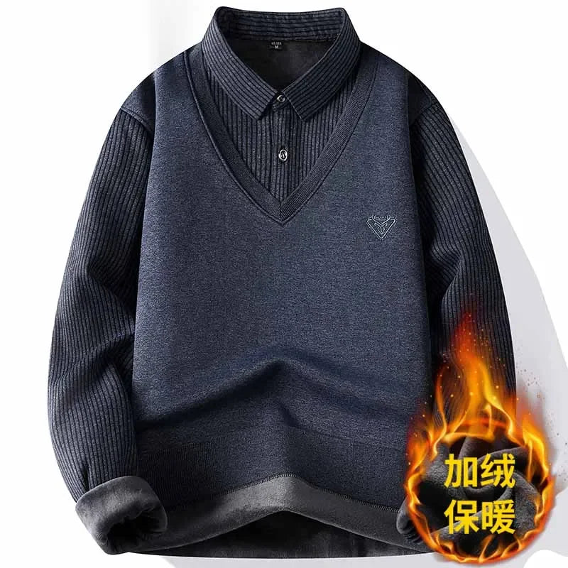 Thermal Knitted Top For Men Fake Two Piece Waistcoat Style Stretch Striped Sleeve Shirt Collar Daily Wear Base Layer Outfit