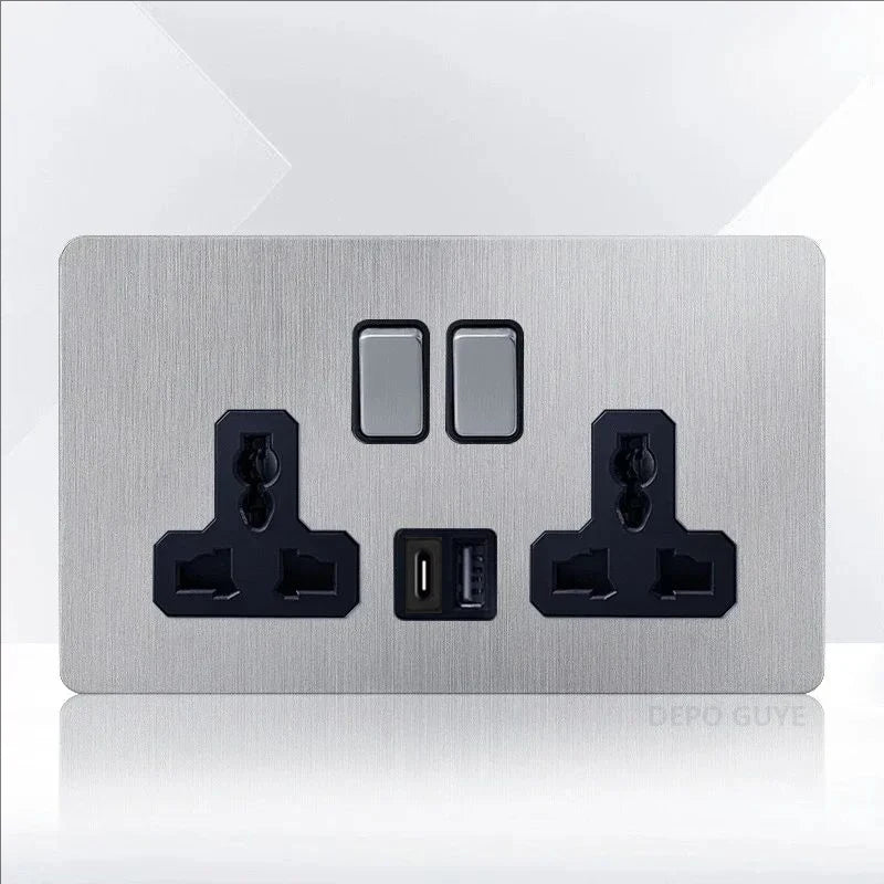 Retro EU France Socket Stainless Steel Brushed Double Power Outlet Toggle Metal Lever 1-4 Gang 2Way Wall Light Switch Panel RJ45