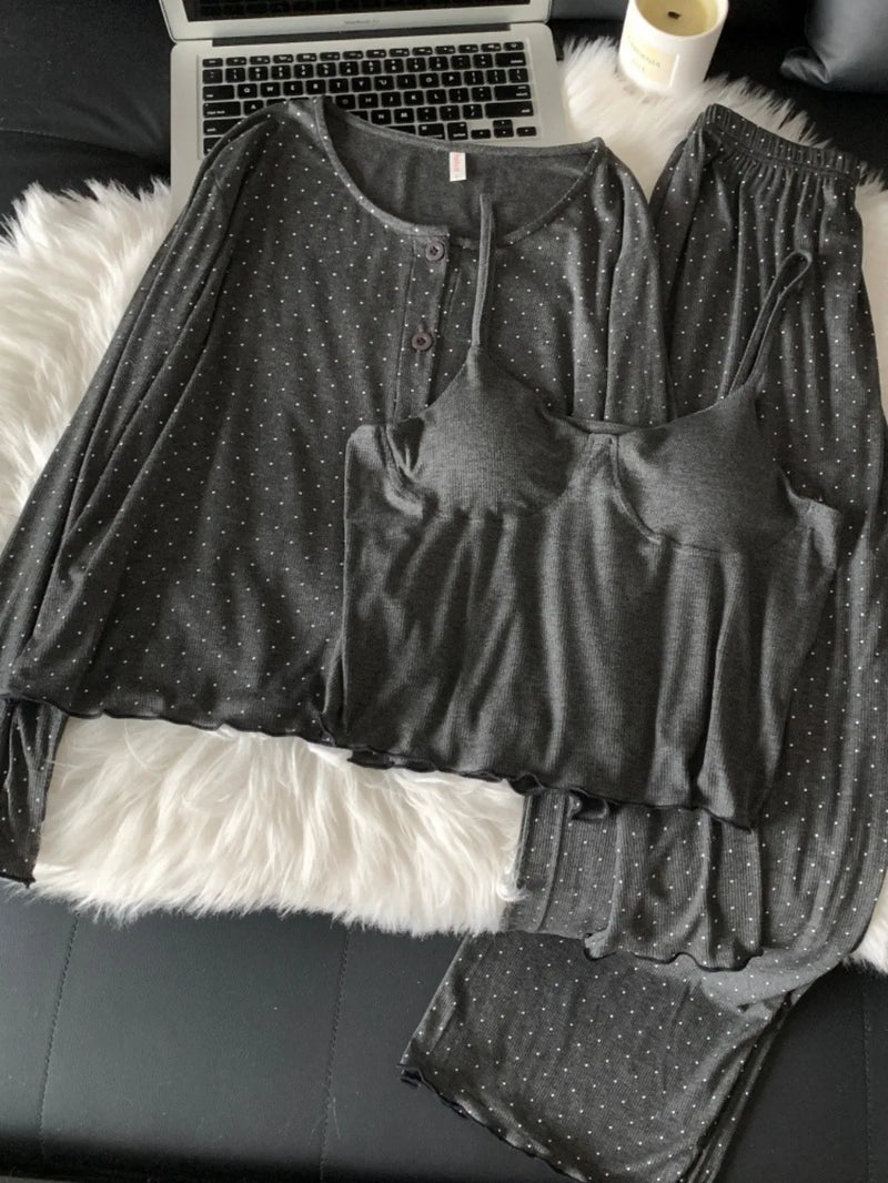 Women’s Loungewear Chest Pads Pajamas Nightwear for Woman Spring Autumn 3 Pieces Pyjama Female Clothing Comfort for Homewear