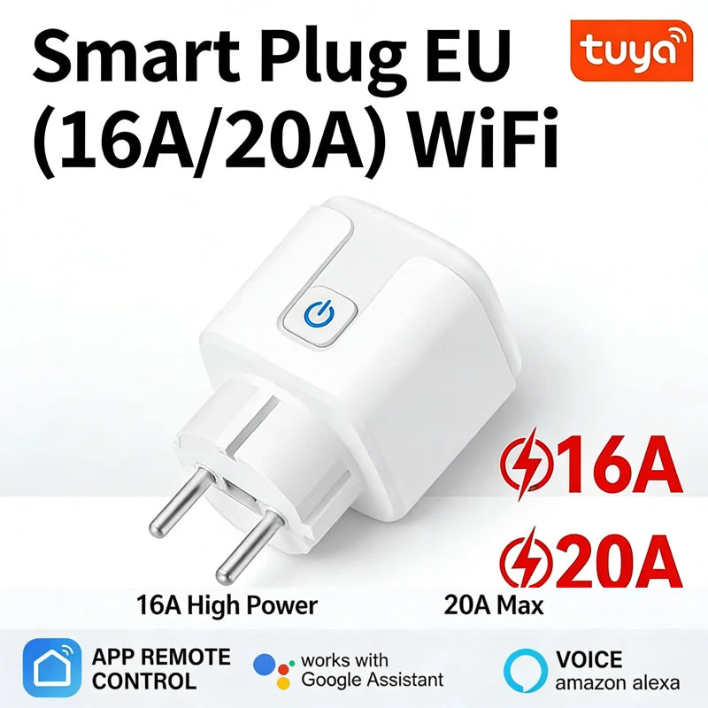 រន្ធដោត WiFi ឆ្លាតវៃរបស់ EU 16A/20A សម្រាប់ត្រួតពិនិត្យថាមពល និងកំណត់ម៉ោង ដំណើរការជាមួយកម្មវិធី Tuya Life, Alexa និង Google Home សម្រាប់ស្វ័យប្រវត្តិកម្មផ្ទះ