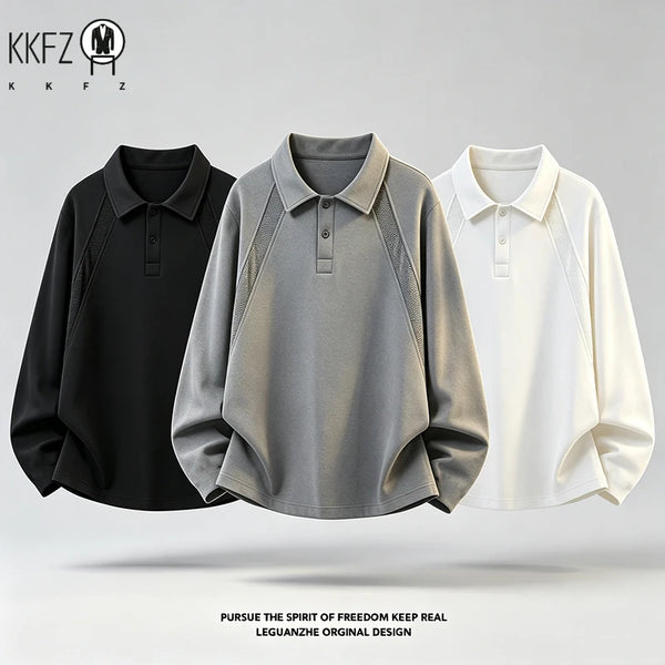 Mens Casual Polo Pullover Lapel Collar Long Sleeve Raglan Cut Button Front Loose Silhouette Mesh Spliced Fabric Daily Outfit