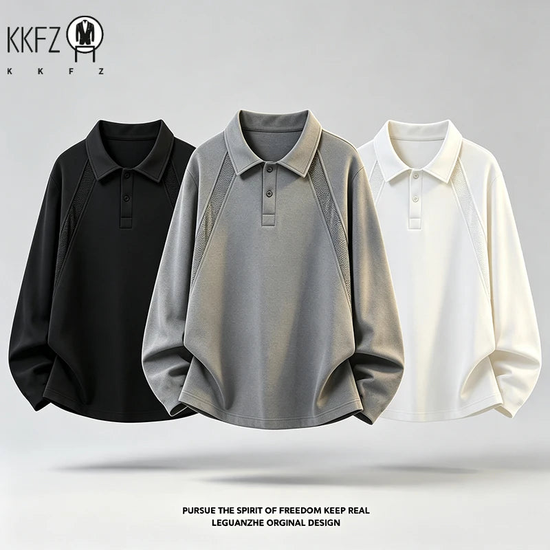 Mens Casual Polo Pullover Lapel Collar Long Sleeve Raglan Cut Button Front Loose Silhouette Mesh Spliced Fabric Daily Outfit