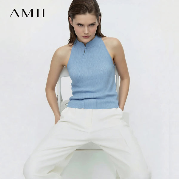 Amii Women Knit Top 2026 Summer New Chinese Style Halter Pullover Mandarin Collar Frog Button Sleeveless Slim Sweater 12622199