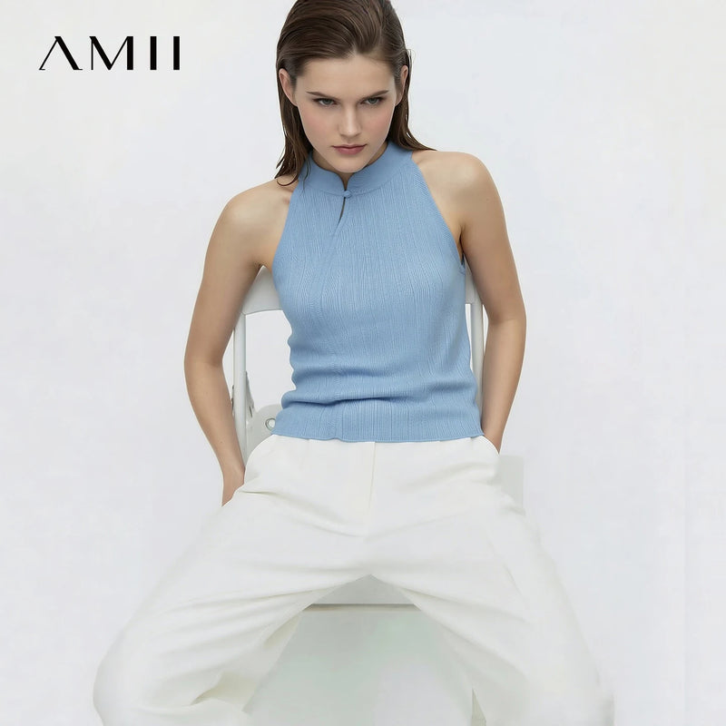 Amii Women Knit Top 2026 Summer New Chinese Style Halter Pullover Mandarin Collar Frog Button Sleeveless Slim Sweater 12622199