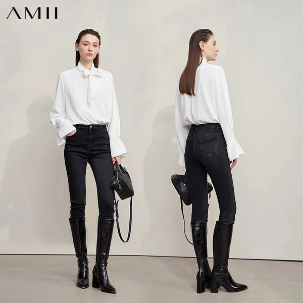 AMII Women's Jeans 2026 Winter New Slim Cotton Warm Versatile Women Denim Pants Solid Black Retro Casual Ladies Pants 12544116