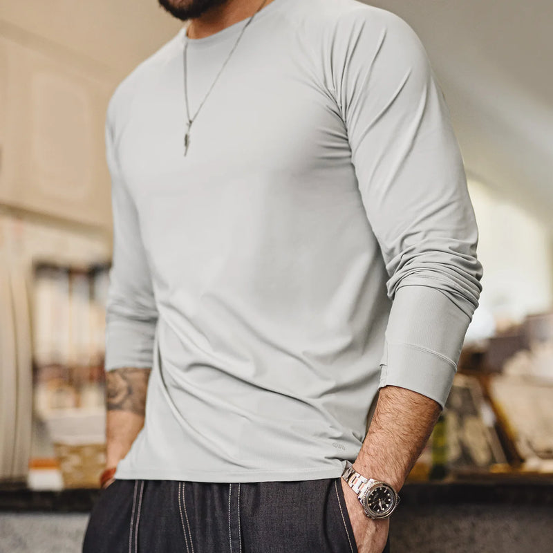 អាវយឺតកីឡា Maden សម្រាប់បុរស Amekaji Raglan Sleeve ស្ងួតរហ័ស ការពារកម្តៅថ្ងៃ ពណ៌រឹង ដៃវែង ត្រជាក់ ប៉ះបាត អាវយឺតរដូវផ្ការីក