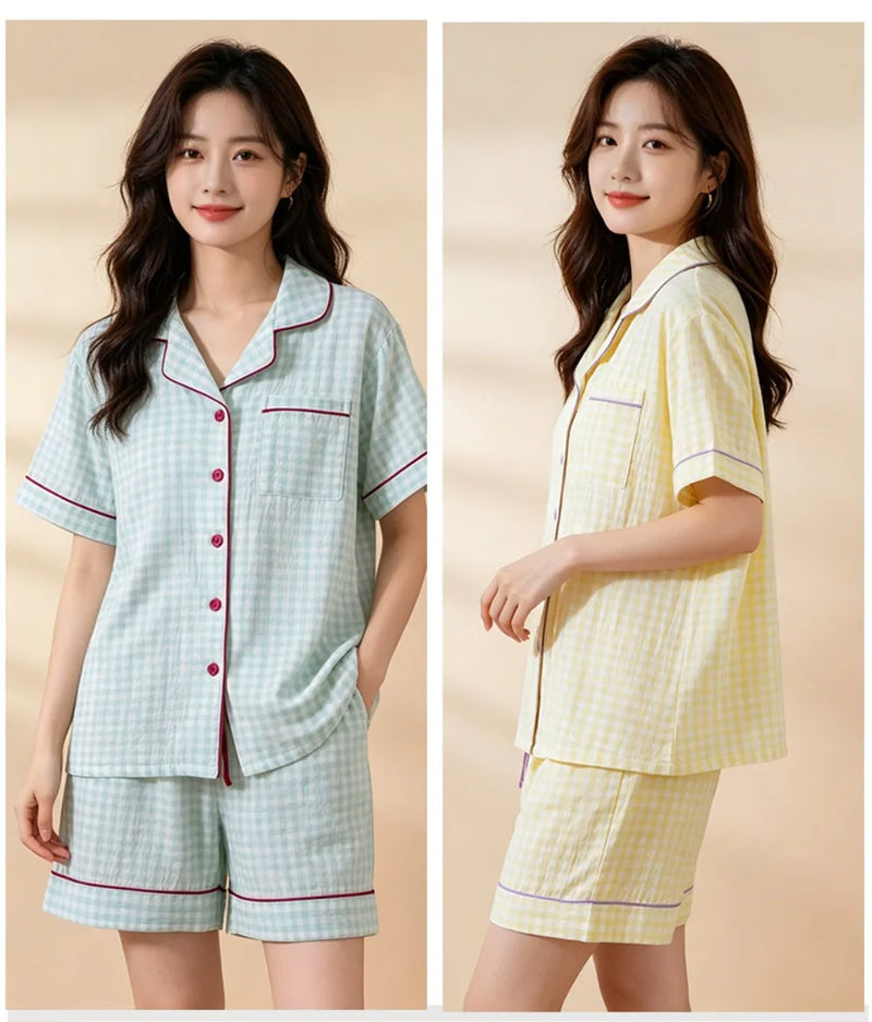 Plaid Print Women's Pajamas Short Sleeve Sleepwear Cotton Night Wear For Ladies Summer New 2 Pieces Home Wear Pyjama Set Woman