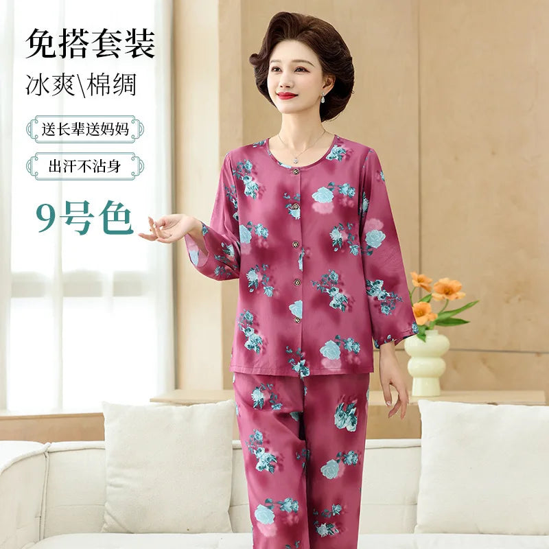 Middle-aged XL-4XL LARGE Home Wear Nightwear for Women Pajamas Floral Spring New Long Sleeve Pyjamas Set Woman Night Clothes