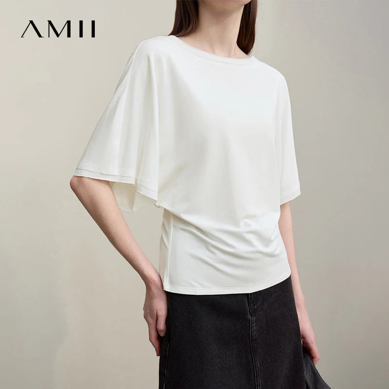 Amii Women's Summer Tee 2026 New Boat Neck Dolman Sleeve Loose Versatile T-Shirt Stretch Casual Knit Ladies Clothing 12622054