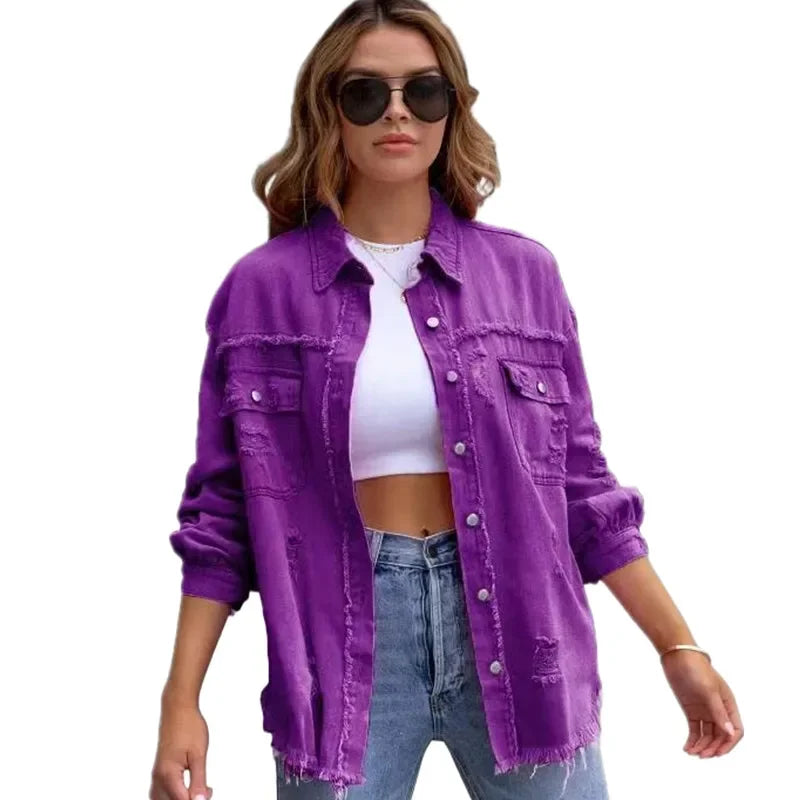 Women's Purple Mid-Length Raw Edge Ripped Denim Jacket, Red Long Sleeve Casual Lapel Coats Top, Green Blue Yellow Gray Optional