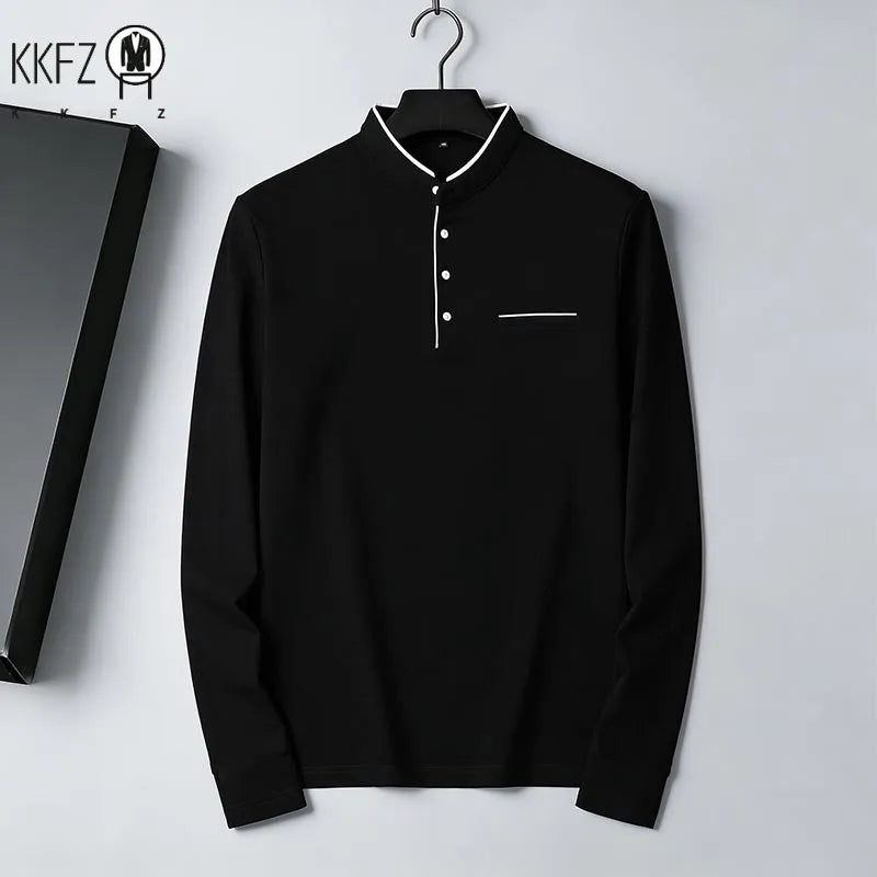 2026 New Men's Navy Blue Stand Collar Long Sleeve Polo Shirt Office Business Commute Top