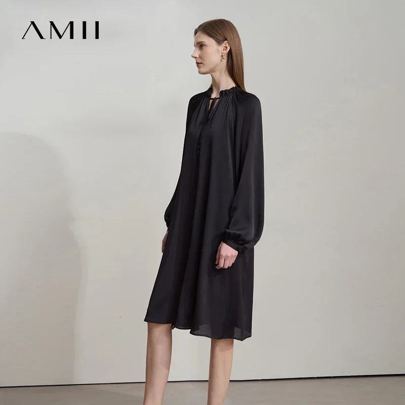 រ៉ូបនារី Amii Minimalist Retro ឆ្នាំ២០២៥ រដូវស្លឹកឈើជ្រុះថ្មី ចងដៃអាវស្មា សំពត់រាងអក្សរ A រ៉ូបសាមញ្ញឆើតឆាយសម្រាប់ស្ត្រី 12521064